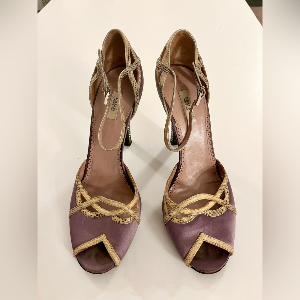 Vintage Prada Satin Peep-toe Dorsey Pumps with Rhinestone Heel - Picture 3 of 10